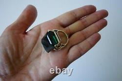 Vintage Huge Sterling Cocktail Emerald Cut Green Glass Ring Art Deco