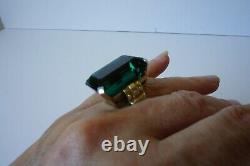 Vintage Huge Sterling Cocktail Emerald Cut Green Glass Ring Art Deco