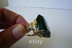 Vintage Huge Sterling Cocktail Emerald Cut Green Glass Ring Art Deco