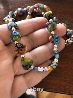 Vintage Italian Venetian Millefiori Heart Glass And Sterling Silver NECKLACE