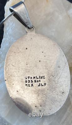 Vintage JLP Mexico Glass 925 GUA Sterling Silver Pendant 24'' Necklace 19g Boho