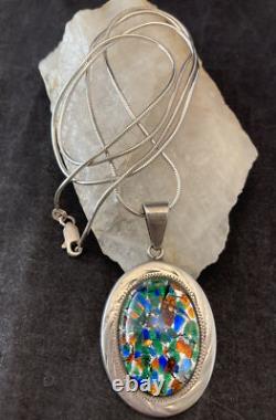 Vintage JLP Mexico Glass 925 GUA Sterling Silver Pendant 24'' Necklace 19g Boho