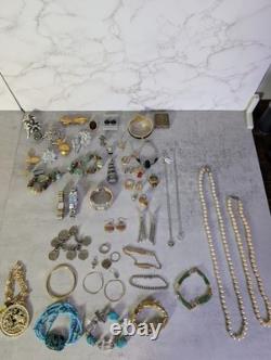 Vintage Jewelry Estate Lot Signed Unsigned STERLING SILVER Gems Costume 58 Items