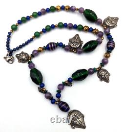 Vintage KBN Kabana Sterling Silver 925 Gemstone Art Glass Tribal Beaded Necklace