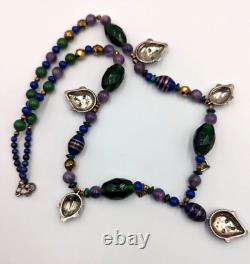 Vintage KBN Kabana Sterling Silver 925 Gemstone Art Glass Tribal Beaded Necklace