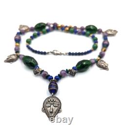 Vintage KBN Kabana Sterling Silver 925 Gemstone Art Glass Tribal Beaded Necklace