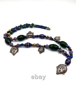 Vintage KBN Kabana Sterling Silver 925 Gemstone Art Glass Tribal Beaded Necklace