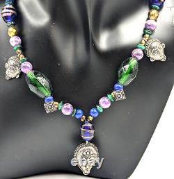 Vintage KBN Kabana Sterling Silver 925 Gemstone Art Glass Tribal Beaded Necklace