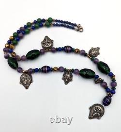 Vintage KBN Kabana Sterling Silver 925 Gemstone Art Glass Tribal Beaded Necklace