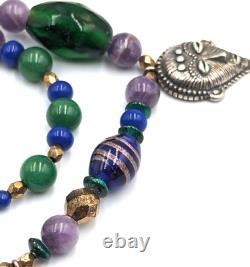 Vintage KBN Kabana Sterling Silver 925 Gemstone Art Glass Tribal Beaded Necklace