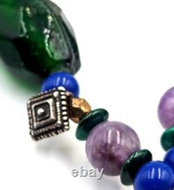 Vintage KBN Kabana Sterling Silver 925 Gemstone Art Glass Tribal Beaded Necklace