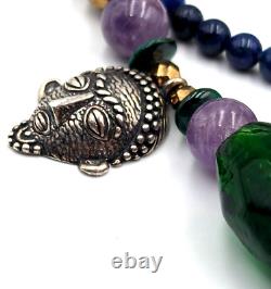 Vintage KBN Kabana Sterling Silver 925 Gemstone Art Glass Tribal Beaded Necklace