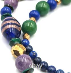 Vintage KBN Kabana Sterling Silver 925 Gemstone Art Glass Tribal Beaded Necklace