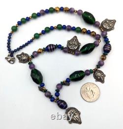 Vintage KBN Kabana Sterling Silver 925 Gemstone Art Glass Tribal Beaded Necklace