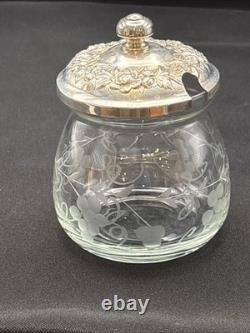 Vintage Kirk & Son Sterling Silver Repousse Etched Glass Jam/Jelly Jar