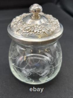 Vintage Kirk & Son Sterling Silver Repousse Etched Glass Jam/Jelly Jar