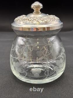 Vintage Kirk & Son Sterling Silver Repousse Etched Glass Jam/Jelly Jar