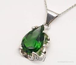 Vintage Large Glass Green Stone Sterling Silver Necklace 36