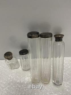 Vintage Mappin Brothers Glass Vanity Bottle Set Of 5 Sterling Silver Lids UK