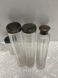 Vintage Mappin Brothers Glass Vanity Bottle Set Of 5 Sterling Silver Lids UK