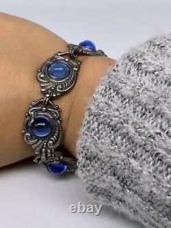 Vintage Margot de Taxco Sterling Silver Blue Stone Repousse Bracelet 7.5