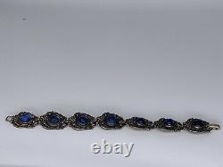 Vintage Margot de Taxco Sterling Silver Blue Stone Repousse Bracelet 7.5