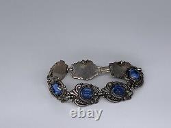 Vintage Margot de Taxco Sterling Silver Blue Stone Repousse Bracelet 7.5