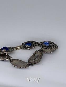 Vintage Margot de Taxco Sterling Silver Blue Stone Repousse Bracelet 7.5