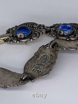 Vintage Margot de Taxco Sterling Silver Blue Stone Repousse Bracelet 7.5