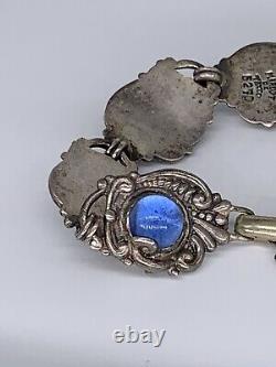 Vintage Margot de Taxco Sterling Silver Blue Stone Repousse Bracelet 7.5