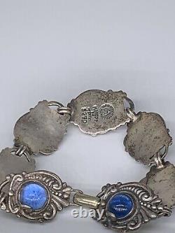 Vintage Margot de Taxco Sterling Silver Blue Stone Repousse Bracelet 7.5