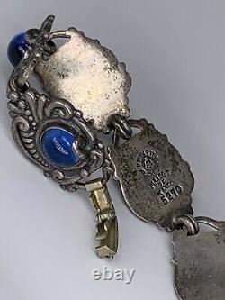 Vintage Margot de Taxco Sterling Silver Blue Stone Repousse Bracelet 7.5