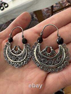 Vintage Mexican Oaxaca Sterling Silver 925 Filigree Black Glass Bird Motif