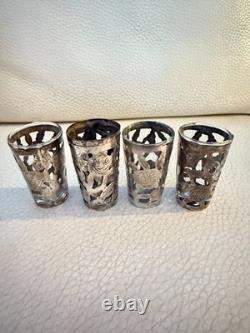 Vintage Mexican Sterling Silver Filigree Shot Glass Holders Set Of 4