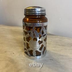 Vintage Mexican Sterling Silver Floral Overlay Rare Amber Glass Jar Monogramed