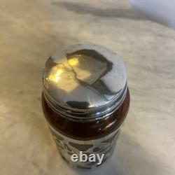 Vintage Mexican Sterling Silver Floral Overlay Rare Amber Glass Jar Monogramed