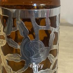 Vintage Mexican Sterling Silver Floral Overlay Rare Amber Glass Jar Monogramed