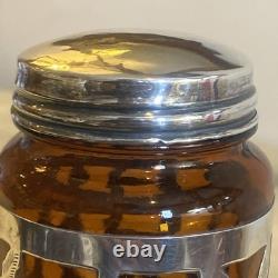 Vintage Mexican Sterling Silver Floral Overlay Rare Amber Glass Jar Monogramed