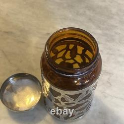 Vintage Mexican Sterling Silver Floral Overlay Rare Amber Glass Jar Monogramed