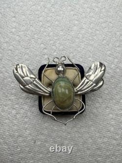 Vintage Mexico Bug Glass Sterling Silver Brooch Pin 33g