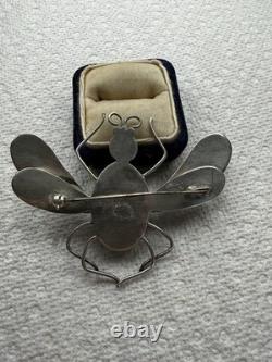 Vintage Mexico Bug Glass Sterling Silver Brooch Pin 33g