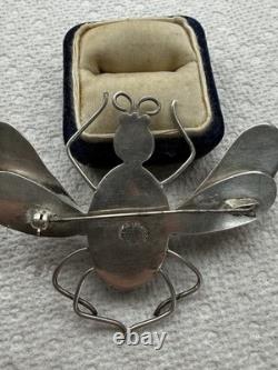 Vintage Mexico Bug Glass Sterling Silver Brooch Pin 33g