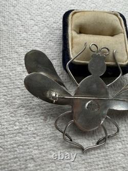 Vintage Mexico Bug Glass Sterling Silver Brooch Pin 33g