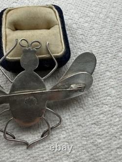 Vintage Mexico Bug Glass Sterling Silver Brooch Pin 33g