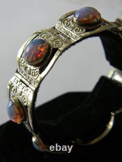Vintage Mexico Embossed Sterling Silver Dragons Breath Glass Panel Bracelet