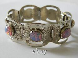 Vintage Mexico Embossed Sterling Silver Dragons Breath Glass Panel Bracelet