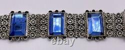 Vintage Mexico Silver Blue Glass Retro Chunky Signed Bracelet