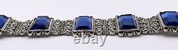 Vintage Mexico Silver Blue Glass Retro Chunky Signed Bracelet