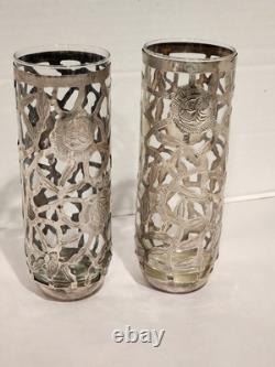 Vintage Mexico Sterling Silver Rose Trellis Overlay 7 Tall Drinking Glasses 89g