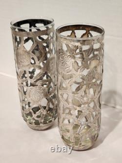 Vintage Mexico Sterling Silver Rose Trellis Overlay 7 Tall Drinking Glasses 89g